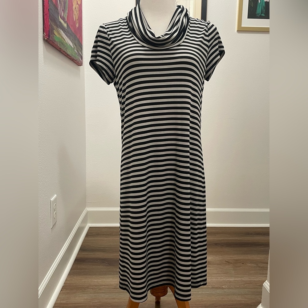 Loft Black and Grey Striped Cowl Neck Dress size Medium